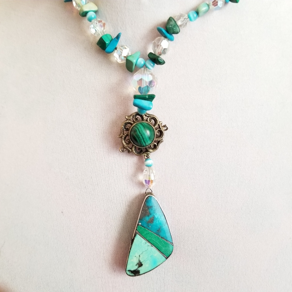 Handmade necklace with malachite and turquoise silver beaded southwestern - Picture 3 of 17
